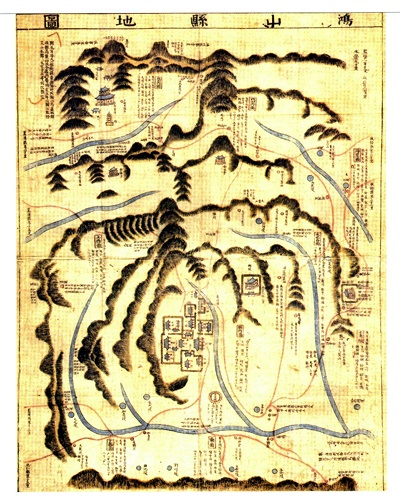 홍산현지도. 홍산현에 대한 정보를 수록하고 있는 지도로서 중앙에서 약간 왼쪽으로 내려간 곳에 홍산현 관아가 보인다. 그리고 왼쪽 윗부분에 보면 무량사가 보인다. 